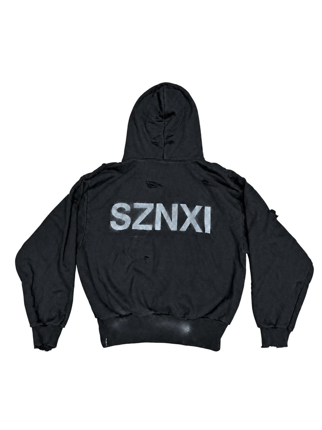Black distressed SZNXI hooded garment